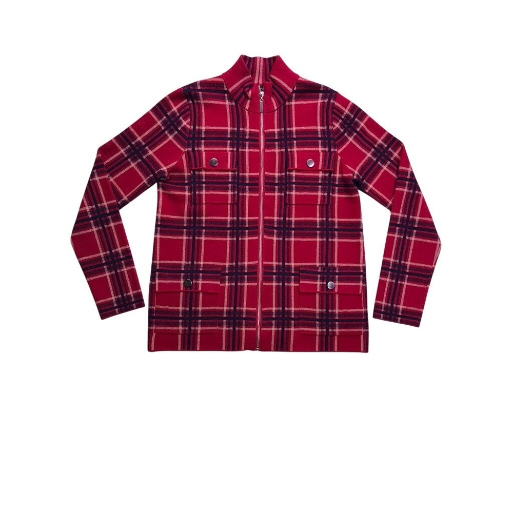 Rachel Zoe Zip Up Cardigan Women M Red Plaid Mock Neck Utility Jacket